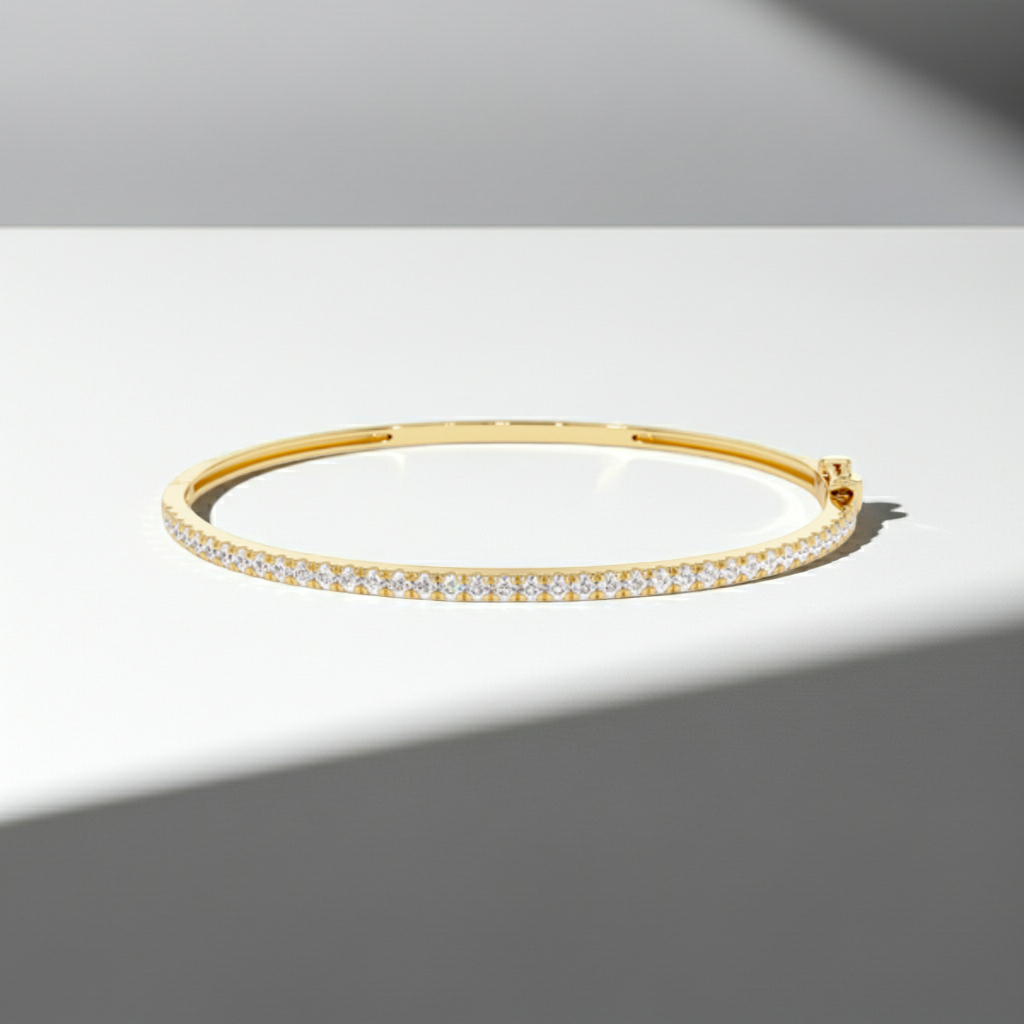 14K Solid Gold 1 Row Diamond Bangle