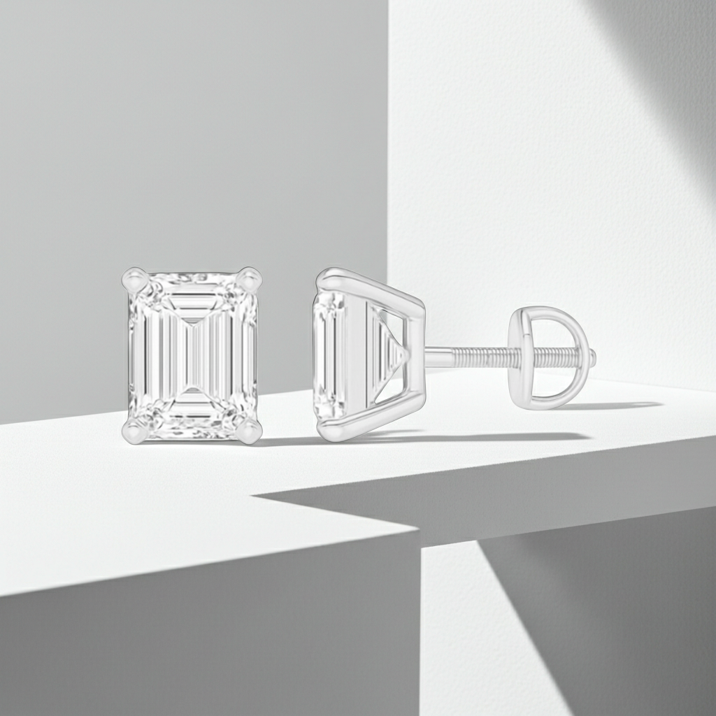 Emerald Cut Diamond Solitaire Prong Setting 14K Solid Gold Earrings Stud - IGI Certified