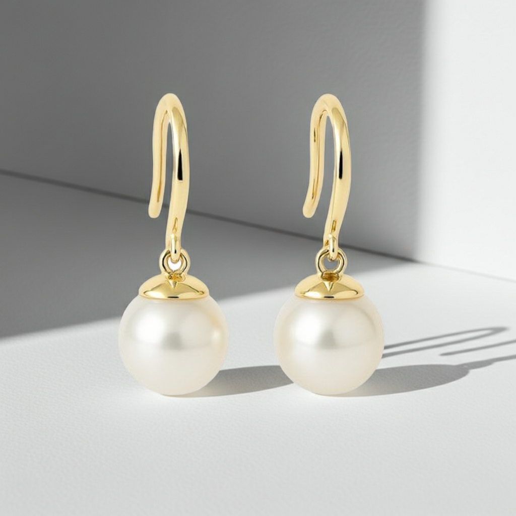 14K Solid Gold 9.00 MM Real South Sea Pearl Drop Earrings