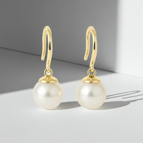 14K Solid Gold 9.00 MM Real South Sea Pearl Drop Earrings