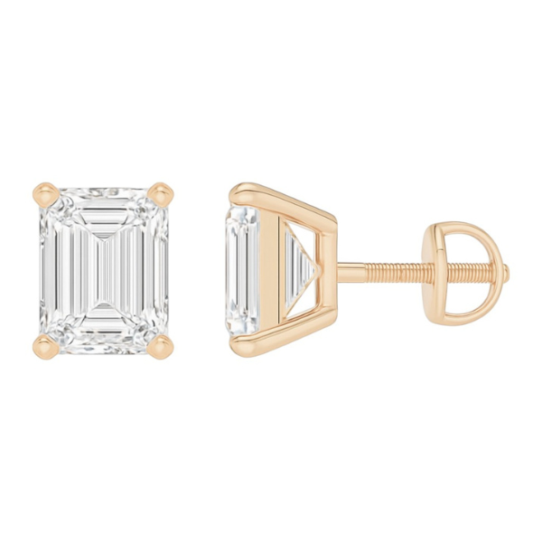 Emerald Cut Diamond Solitaire Prong Setting 14K Solid Gold Earrings Stud - IGI Certified